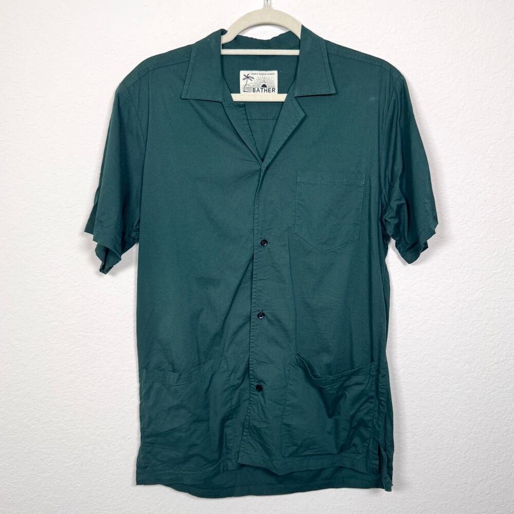 Bather Mens Short Sleeve Button Shirt Size M Cotton Blend Camp Pockets Green